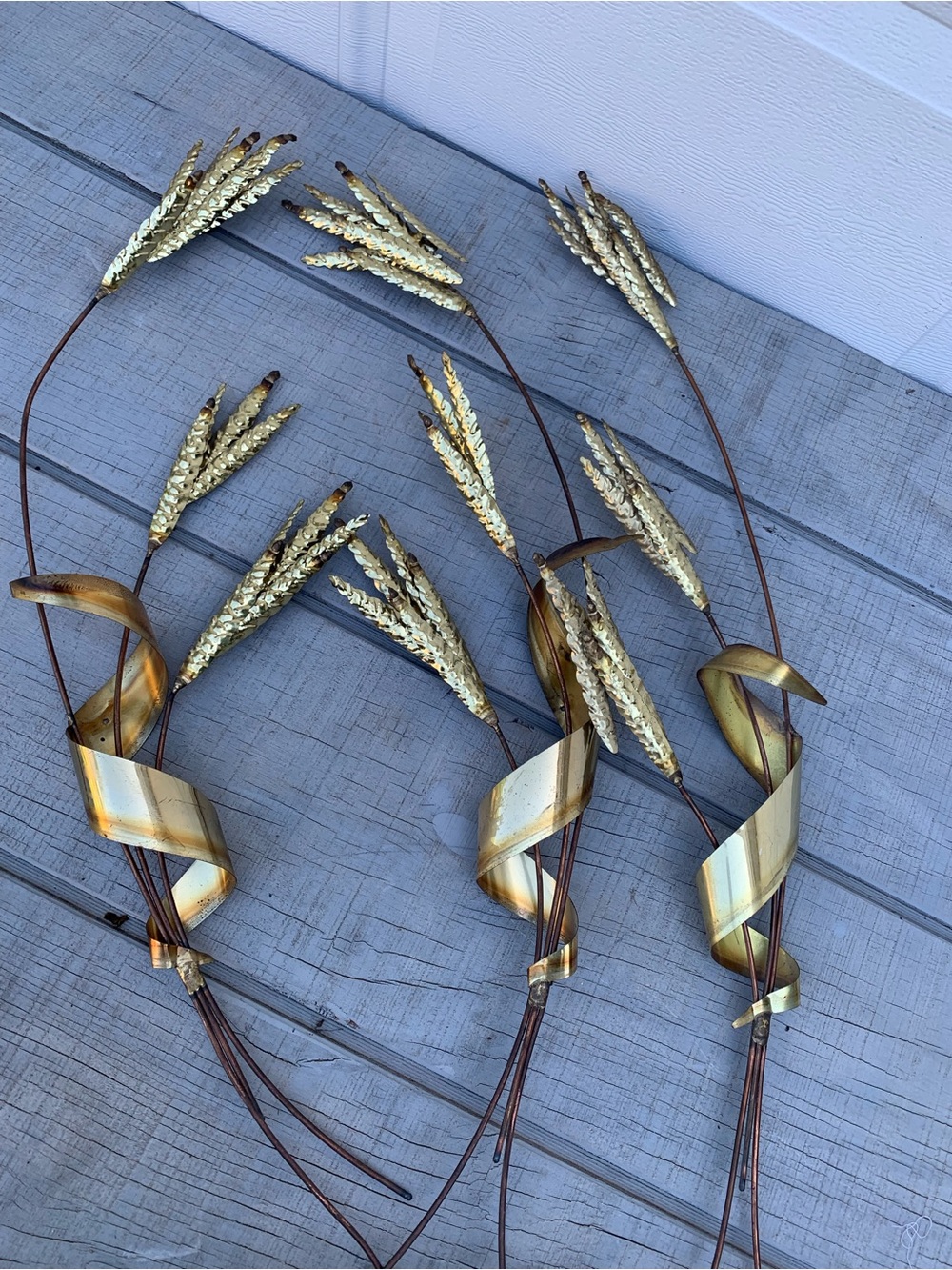 vintage Mid-cenrury Brass Metal wheat stalk wall hanging 31” Retro Set Of 3